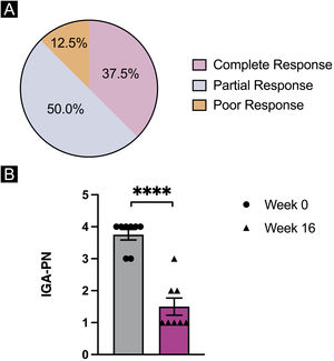 Statistical analysis of prurigo nodularis clinical parameters. (A) Overall response of dupilumab treatment in 8 patients with prurigo nodularis by week 16 of the treatment. (B) Investigator