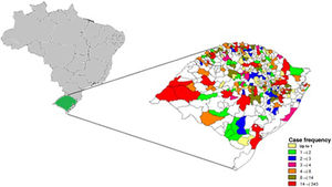 Georeferencing of notified leprosy cases from 2000 to 2019, according to the place of residence, in the state of Rio Grande do Sul, Brazil. Source: the authors