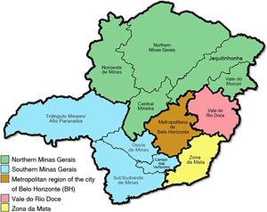 Mesoregions of the state of Minas Gerais and, highlighted in green and blue, the regions arbitrarily demarcated in this study (prepared based on the geographic basis of the Brazilian Institute of Geography and Statistics (IBGE, Instituto Brasileiro de Geografia e Estatistica).