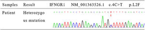 Sanger sequencing validation: IFNGR1 gene mutation was detected in the patient (c.4C>T; p.L2F).