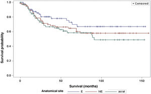 Analysis of survival time in relation to the anatomical site (E, Exposed Areas; NE, Non-exposed Areas).