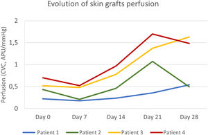 Evolution of full-thickness skin grafts perfusion on the scalp. Skin graft perfusion on day 7 was lower than baseline graft bed perfusion in all patients. Patients 3 and 4 had higher baseline perfusion and reached peak values on day 21 and day 28, respectively. Patient 1, with the worst clinical outcome, had an ascending curve until day 28 but with persistently lower perfusion values.