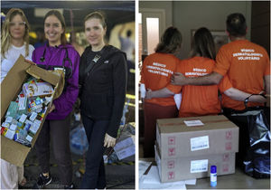 (A) Dermatology volunteers, with donations of medicines in the screening and reception area. (B) Dermatologists from SBD-RS united to help the homeless – photographs by Mariele Bevilaqua and SBD-RS, respectively.