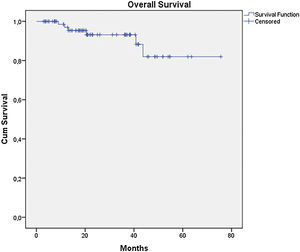 Kaplan-Meier overall survival curves for acral melanoma submitted a sentinel lymph node biopsy.