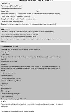 Example of a structured report. It is important to note that some cases do not require notes and services have the autonomy to adapt the structure by inverting the order or merging, for example, microscopy with diagnosis.