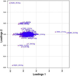 Loading plot of Principal Component Analysis (PCA) applied to HLA alleles comparing psoriasis patients and healthy controls based on HLA frequencies. The loading plot displays the contribution of individual HLA alleles to the first two principal components. Most alleles cluster near the origin, indicating low discriminatory power between groups, while a few alleles ‒ such as HLA-DRB1*07:01 g, HLA-DQB1*02:01 g, and HLA-DQB1*03:01 g ‒ show greater loading distances, suggesting stronger influence in distinguishing psoriasis cases from controls.