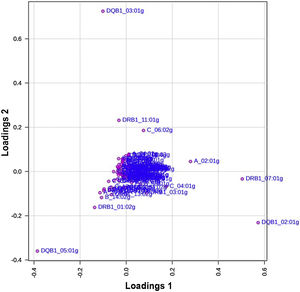 Loading plot from Principal Component Analysis (PCA) comparing psoriasis patients with mild disease (PASI < 10) and those with moderate to severe disease (PASI ≥ 10). The PCA loading plot displays the contribution of HLA alleles to the genetic differentiation between psoriasis subgroups stratified by disease severity. Most alleles are concentrated near the center, indicating limited discriminative impact on clinical severity. However, HLA-C*06:02 g, HLA-DRB1*07:01 g, and HLA-DQB1*02:01 g appear further from the origin, reflecting a stronger contribution to variance and suggesting potential modulation of disease phenotype. The dispersion pattern supports a complex genetic architecture in which certain Class II alleles may influence not only susceptibility but also the clinical expression of psoriasis.