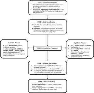 Clinical management algorithm for isotretinoin in patients at cardiovascular risk. Ca, Calcium; ECG, Electrocardiogram; K, Potassium; LFTs, Liver function tests; Mg, Magnesium; QT, QT Interval; Zn, Zinc.