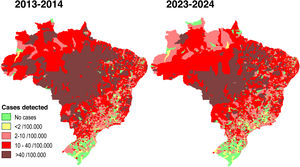 Spatial distribution of case detection of leprosy in Brazilian municipalities. Pooled data from 2013‒2014 and 2023‒2024.