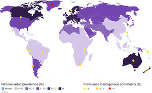 2026 Global Psoriasis Atlas prevalence heat map overlayed by psoriasis prevalence of indigenous communities in their respective geographical locations.23,24.