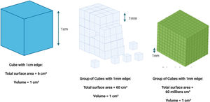 Schematic representation of the magnitude of the total surface area when the same material volume (1 cm3) is subdivided into cubes at the nanoscale.
