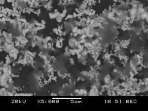 Backscatter electron image of Ta+2B mixture for reactive sintering processes, mag. 5000×.