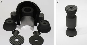 Graphite components (a) and system assembled for SPS sintering processes (b).