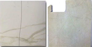 Cortes defectuosos en baldosas de gres porcelánico. Izquierda: cortadora manual, derecha: inserto con radial.