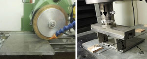 Cortadora de disco con la que se realizaron las entallas (izquierda) y dispositivo utilizado para realizar la fractura de las piezas (derecha).