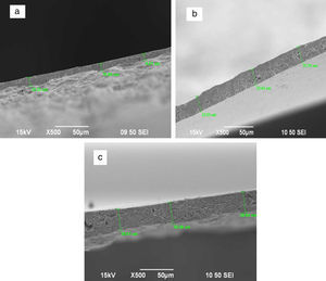 Fotografías de SEM representativas de las mediciones de espesor realizadas en las cintas sinterizadas con las aperturas de cuchillas 200μm (a), 300μm (b) y 400μm (c).