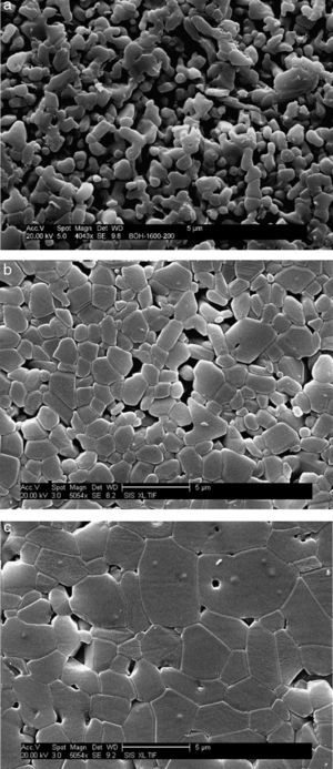 SEM images of γ-Al2O3 green bodies fired at 1700°C with various heating rates: 20°C/min (a), 10°C/min (b), and 5°C/min (c).