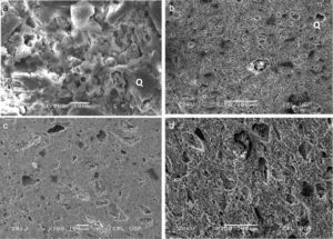 Microstructure of laboratory made coal-added bricks fired at 1000°C containing; (a) 0wt.%, (b) 5wt.%, (c) 10wt.% and (d) 15wt.% coal.