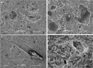 Microstructure of laboratory made wheat husk added bricks fired at 1000°C containing, (a) 0wt.%, (b) 5wt.%, (c) 10wt.% and (d) 15wt.% wheat husk.