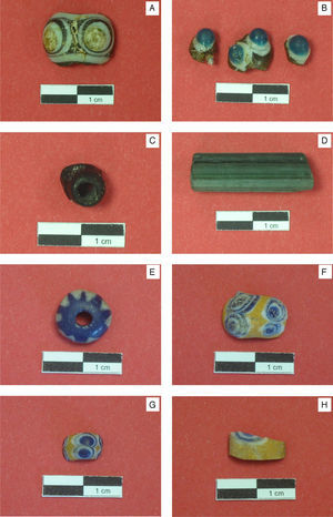 Photographs of the glass bead samples analysed in this study. (A) Sample KO-1. (B) Sample KO-2. (C) Sample KO-3. (D) Sample KO-4. (E) Sample ST-1. (F) Sample AL-1. (G) Sample AL-2. (H) Sample AL-3.