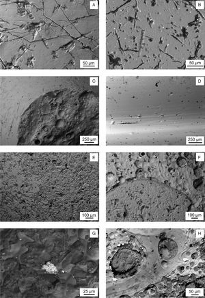 Backscattered electron SEM micrographs. (A) Yellowish area of sample KO-1. (B) White area of sample KO-2. White small particles are SnO2 inclusions. (C) Border between the black surface (left up) and the area under the lost decoration (right bottom) of sample KO-3. (D) Surface of Sample KO-4. (E) Interface area between the blue surface (right up) and the white surface (left bottom) of sample ST-1. (F) Interface area between the white surface with SnO2 inclusions (up) and the blue surface (bottom) of sample AL-1. (G) Yellow surface of sample AL-2 with an inclusion of lead and antimony oxides. (H) Yellow surface of sample AL-3 with inclusions of lead and antimony oxides, bubbles, pits and craters.