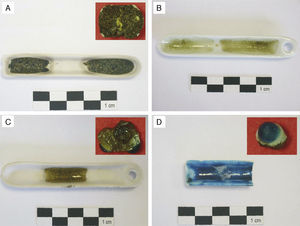Melting tests from batches prepared in the laboratory according to the composition of samples KO-1 (grained rear side) and KO-2 (greenish and turquoise blue areas). (A) Batch from the sample KO-1 at 1100°C. The small photograph shows the grained rear side of the sample KO-1. (B) Batch from the sample KO-1 at 1400°C. (C) Batch from the greenish area of the sample KO-2. The small photograph shows the greenish area of the sample KO-2. (D) Batch from the turquoise blue area of the sample KO-2. The small photograph shows the turquoise blue area of the sample KO-2.