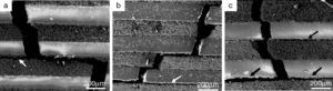 SEM photographs of crack propagating paths of the composites after bending test (a) P10, (b) P20 and (c) P30, obvious delaminated layers were observed.