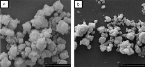 Microstructure of milled samples for 300min (a) 10m sample and (b) 10n sample.