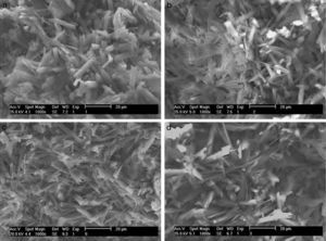 SEM micrographs of plaster molds prepared under different conditions: (a) reference sample (all variables at low level, run 1 Table 2a), (b) effect of mixing time (longest mixing time, run 9 Table 2a), (c) effect of water quality (highest water quality; deionized water, run 3 Table 2a), and (d) effect of water temperature (highest water temperature, run 5 Table 2a).