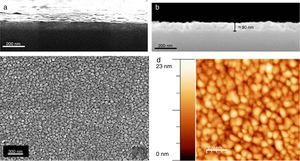 FESEM and AFM micrographs of the five-layers SmBFO thin film sample annealed at 600°C/1h. (a) and (b) Cross-section images evidencing a uniform deposition along the whole substrate with an average thickness of 90nm. (c) Top surface micrograph showing a homogeneous grain size distribution. (d) AFM image of the top surface (average grain size≈70–80nm).