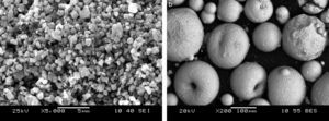 SEM micrograph of a green ferrite specimen showing the particle (a) and granule size (b) distributions.