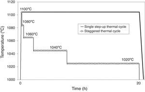 Single step-up versus staggered thermal cycle during the sintering process: magnification of the maximum temperatures of the sintering stage.