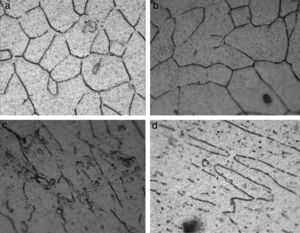 Optical micrographs showing the effect of deformation on composites: (a) 0% deformation, (b) 20% deformation, (c) 30% deformation and (d) 40% deformation.