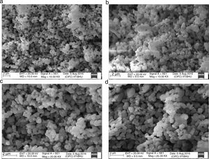 Scanning electron microscopy (SEM) images of the sample calcined at different temperatures (a) 700°C, (b) 800°C, (c) 900°C, (d) 1000°C.