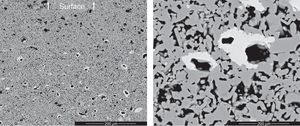 SEM images of composition B specimen treated with the 15/1300/4 thermal cycle (bright phase: Bi2Sn2O7).
