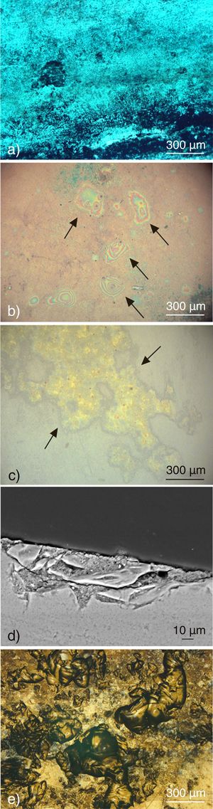 (a) Thick deposit of soot on the surface of sample BPM-1; (b) Visible iridescent stains on sample ACM-4; (c) Heterogeneous deposit in pits on the surface of sample ACM-3; (d) SEM image of sample ACM-3 in cross-section showing fractures on the glass in the area where the crust is formed; (e) Several interconnected pits on the surface of sample BPM-2.