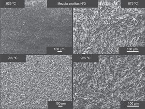 Imágenes SEM de la microestructura interna de las piezas de mezcla de zeolitas número 3 (50% HA/β-TCP, 25% BG 1393 y 25% en peso ZSM-5) sinterizadas a diferentes temperaturas.