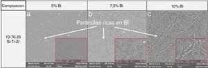 Micrografías (MEB) de los recubrimientos para la composición 10-70-20 y (5-7,5 y 10% de Bi).