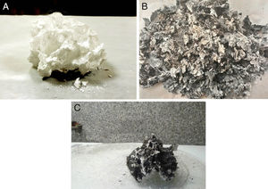 Macro-image of voluminous product after combustion with (A) urea, (B) citric acid and (C) glycine.