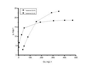 Isotermas de adsorción de iones cadmio (II) y cobre (II) en polvos de conchas de ostión en estado natural. Condiciones iniciales: 10ml de solución metálica con 0,02g de adsorbente a 30°C y pH 5. Concentraciones entre 10 y 500mgL−1..