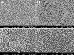 SEM micrographs of Ce1−xSmxO2−δ thin films (synthesized at 450°C and sintered at 500°C for 2h) at 50000× magnification: (a) x=0, (b) x=0.15, (c) x=0.20, and (d) x=0.30.