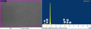 Analyzed area, and EDS spectrum of Ce0.80Sm0.20O2−δ thin film; the most intense peak corresponds to Si (1.739keV) from the glass substrate.