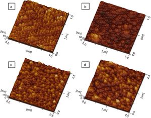 3D AFM micrographs of Ce1−xSmxO2−δ thin films (synthesized at 450°C and sintered at 500°C for 2h): (a) x=0, (b) x=0.15, (c) x=0.20, and (d) x=0.30.