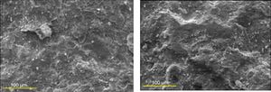 SEM micrographs of hardened pastes after 120 days of curing in tap water (Left: plain Portland cement, Right: mixture containing 20 mass% spent catalyst).