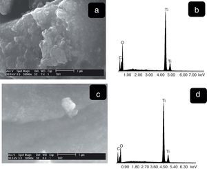 SEM images of synthesized TiO2 and corresponding EDS spectra: (a, b) THMW-60, (c, d) TAMW-60.
