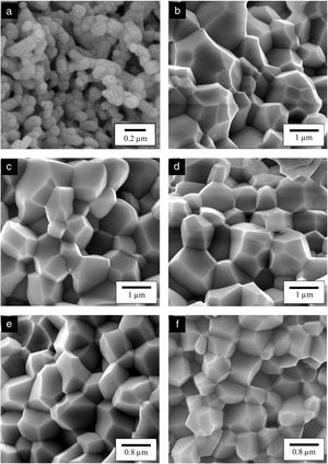 FESEM images of the fractured surface of (a) HA, (b) 0.5CHA, (c) 1CHA, (d) 2CHA, (e) 3CHA and (f) 4CHA.