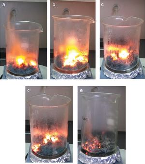 Digital images of the combustion reactions: (a) CoCr2O4, (b) Co0.8Mg0.2Cr2O4, (c) Co0.5Mg0.5Cr2O4, (d) Co0.2Mg0.8Cr2O4, (e) MgCr2O4.
