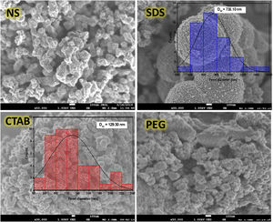 SEM images of the anatase samples at 50,000× (inserted figures corresponding to particle size distribution of the samples SDS and CTAB).
