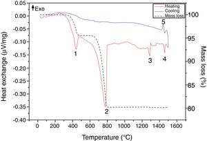 TG-DSC curve of the starting reagents mixture (2CaHPO4:CaCO3). DSC during heating (red line) and cooling (blue line). Mass loss (black dash line).