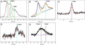 XPS elemental analysis of composites (A) Carbon, (B) Iron, (C) Aluminium, (D) Magnesium, (E) Cobalt.